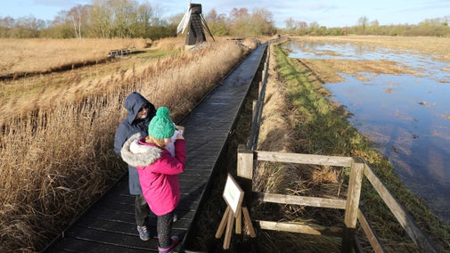 A woman and young girl looking at a sign overlooking marshes at Wicken Fen, Cambridgeshire